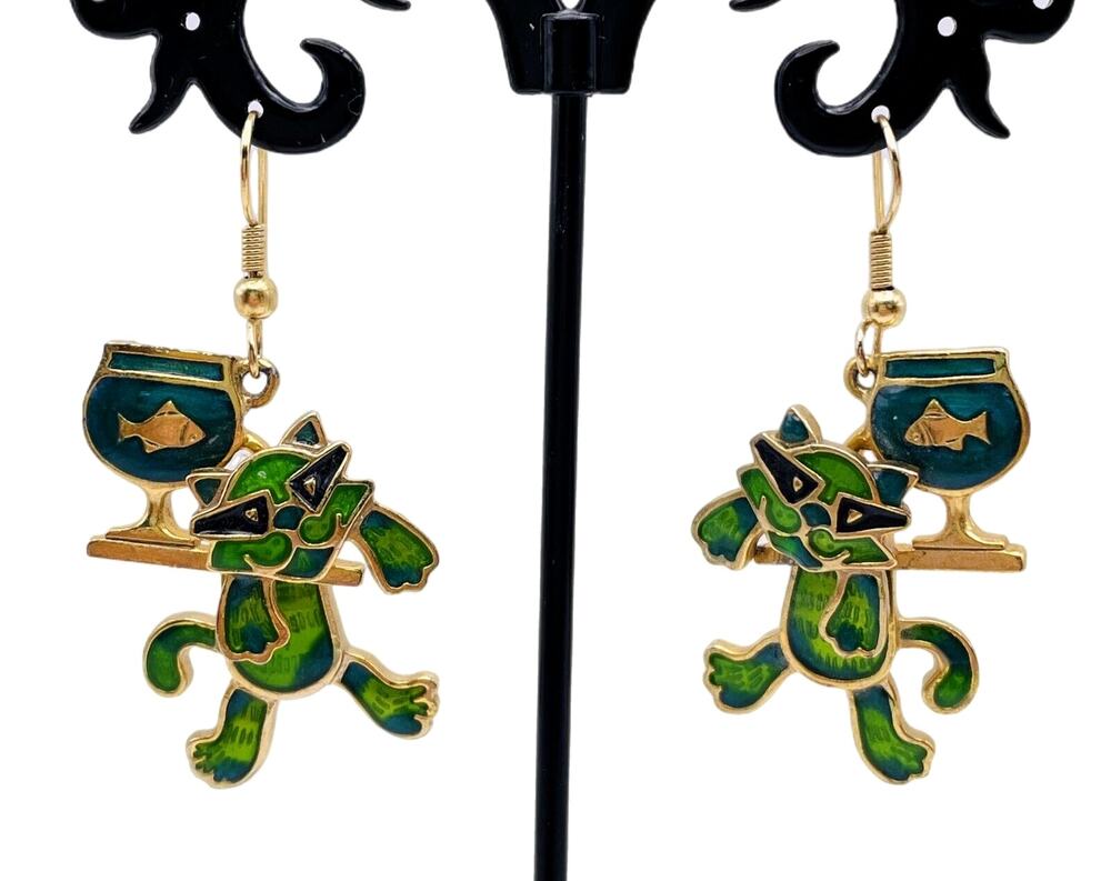 Edgar Berebi Masked Cat Articulated Drop Earrings 2" Green Gold Enamel Novelty